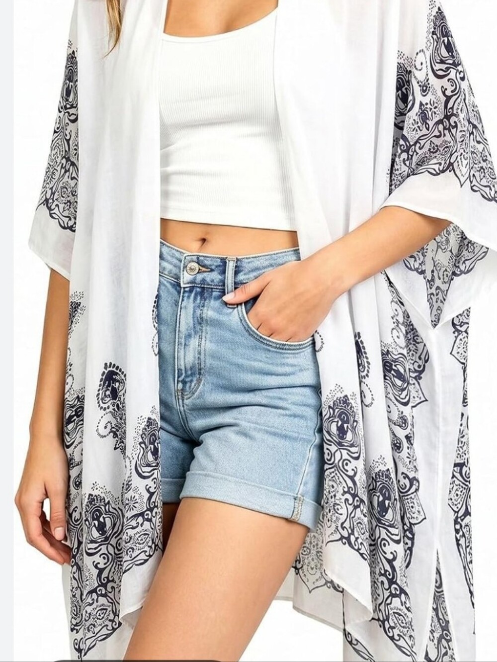 Drapers And Damon 100% Silk White Kimono Cover-Up with Black Print